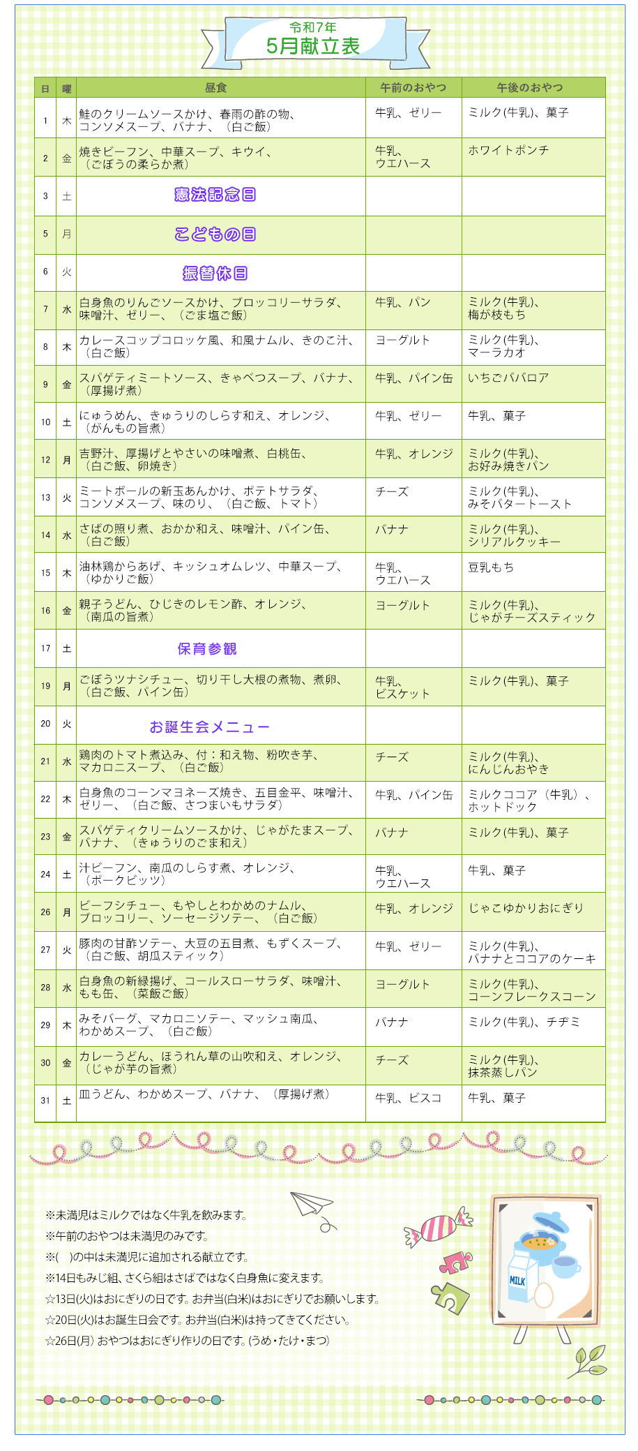 令和7年5月の献立表