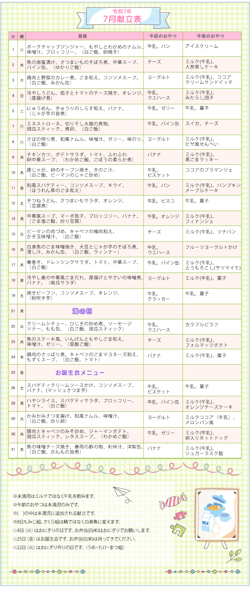 令和7年7月の献立表