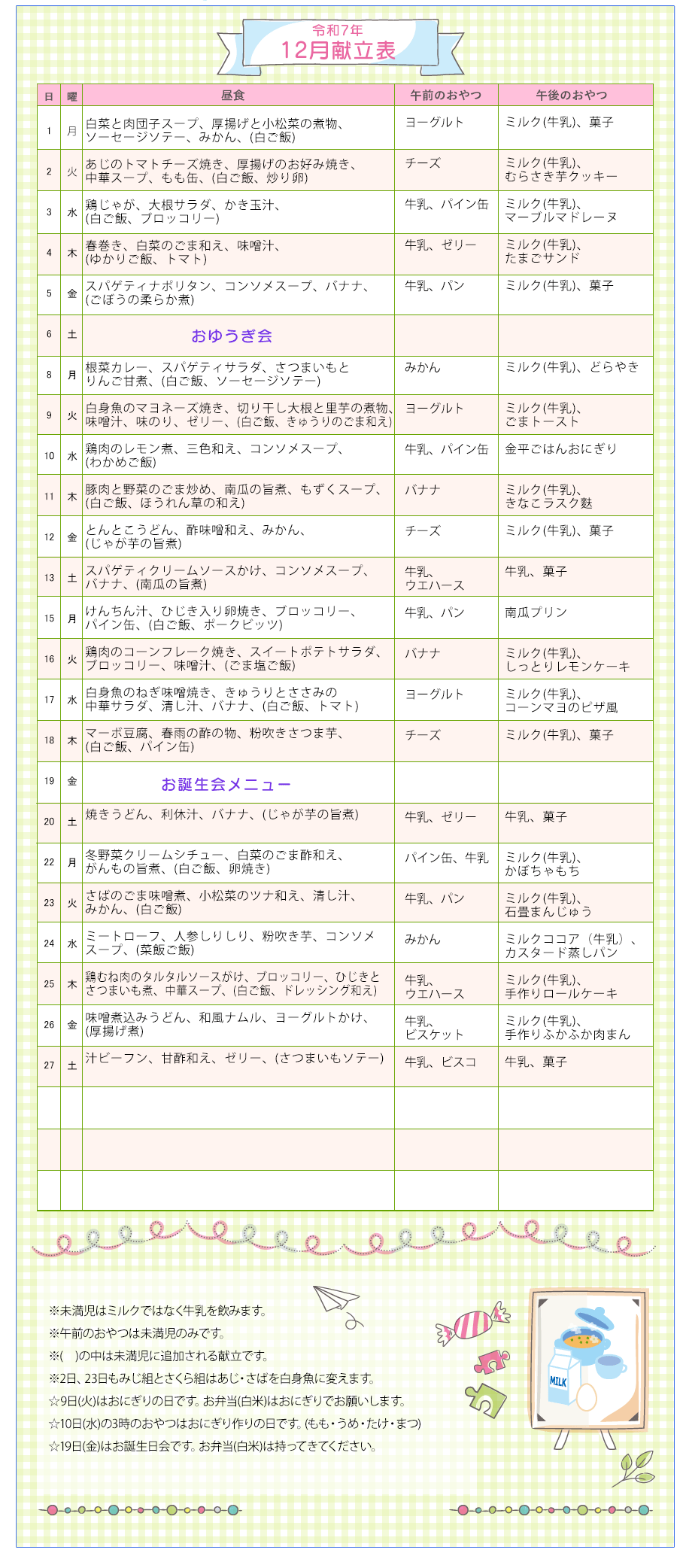令和7年12月の献立表
