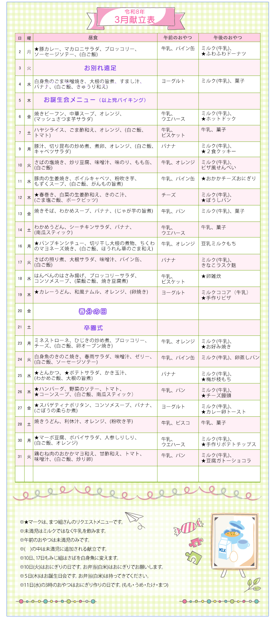 令和8年3月の献立表