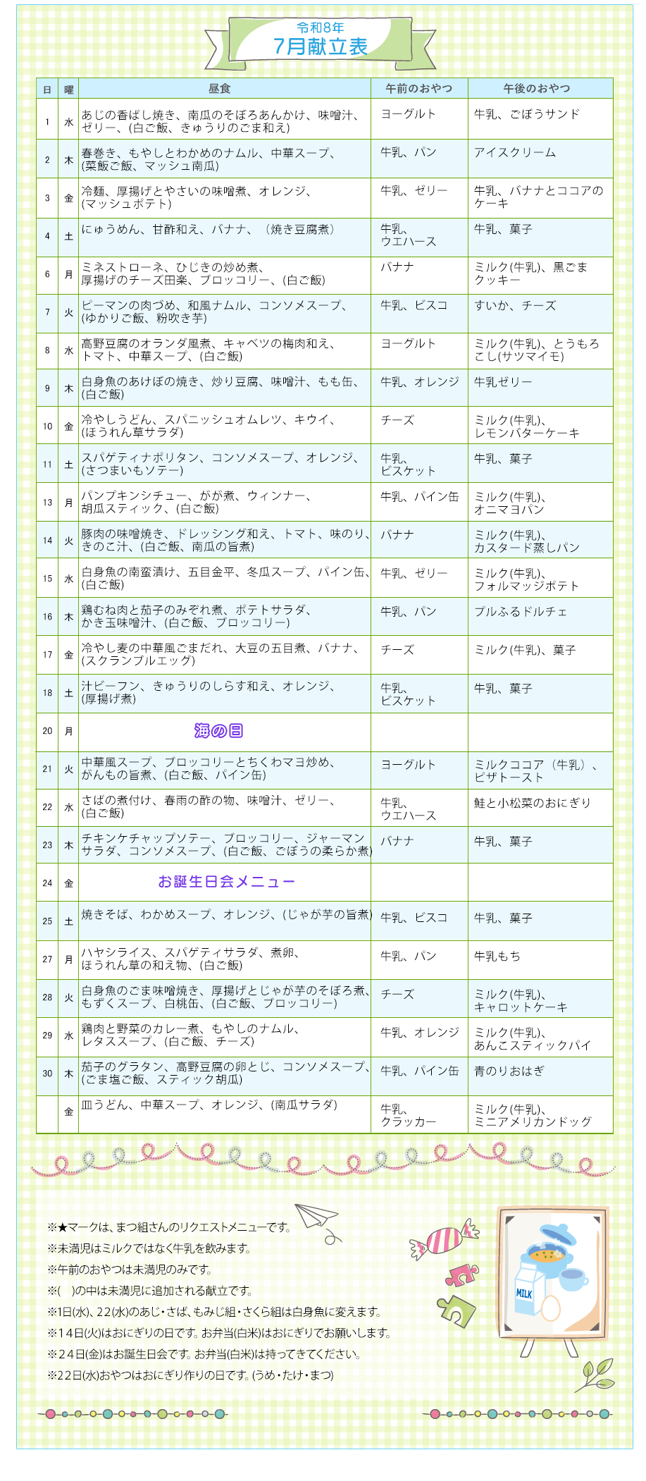令和8年7月の献立表